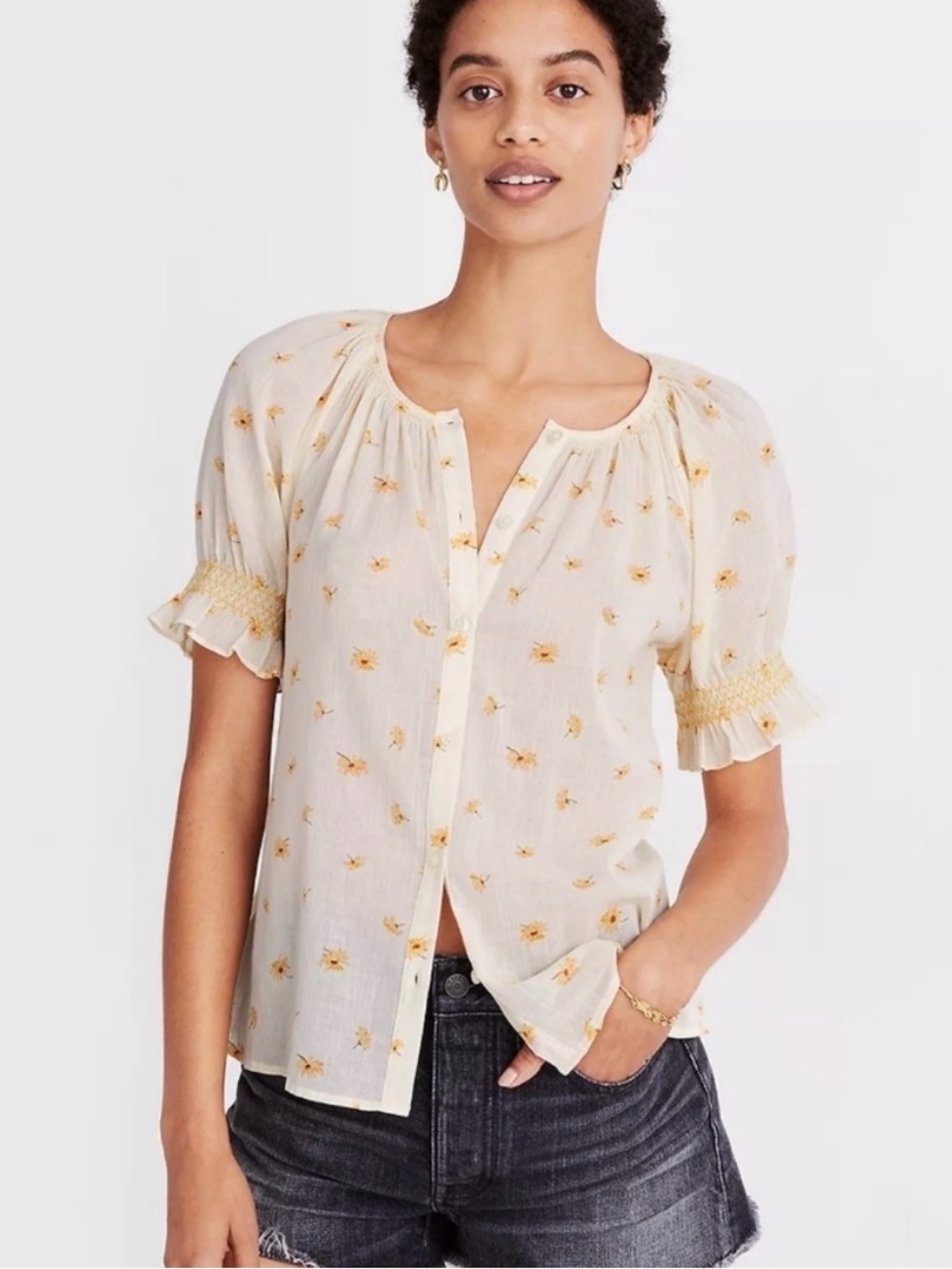 Madewell Smocked Ruffle Button Up Top French Daisies Peasant Prairie Cottagecore
